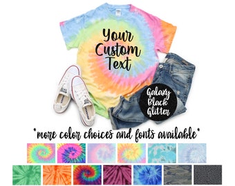 Custom Wording Personalized Tie Dye Shirt Glitter Minty Neon Rainbow Pastel Rainbow Adult Youth Toddler Unisex T-Shirt Tie Dye Shirts Sizes