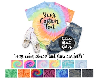 Custom Wording Personalized Tie Dye Shirt Glitter Minty Neon Rainbow Pastel Rainbow Adult Youth Toddler Unisex T-Shirt Tie Dye Shirts Sizes