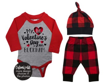 My First Valentine's Day 2025 Truck Personalized Raglan Outfit Boy Valentines Day Bodysuit Hearts Vintage TruckBuffalo Plaid Flannel Pants