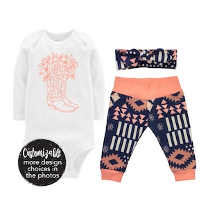 Conjunto de botas de vaquera con estampado floral, pantalón personalizado de vaquera azteca, diadema con botas para niña, conjunto de rodeo, traje de regreso a casa de coral azul para bebé