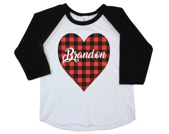 Boy Valentine Shirt Buffalo Plaid Heart Shirt Valentine's Day Boy Shirt Boy Baby Boy Bodysuit Boy Raglan Personalized Boy Plaid Heart Boy