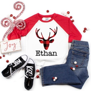Plaid Deer Shirt Personalized Boy Shirt Red Black Buffalo Plaid Deer Boy Baby Shirt Boy Baby Boy Bodysuit Boy Raglan Shirt Red Plaid Shirt