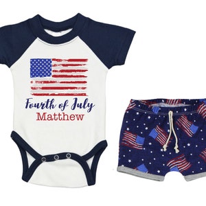 Boy Fourth of July Raglan Outfit Personalized Land of The Free Outfit Baby Summer Bodysuit 4th of July Flag Unisex Flag Shorts