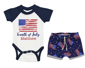 Boy Fourth of July Raglan Outfit Personalized Land of The Free Outfit Baby Summer Bodysuit 4th of July Flag Unisex Flag Shorts
