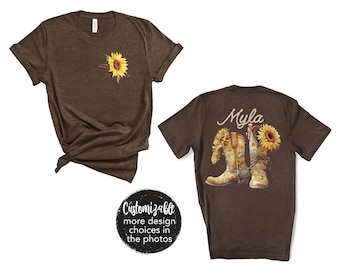 Sunflower Cowgirl Boots Shirt Front and Back Birthday Girl Custom Age Personalized Butterflies Little Sister Big Sister Family Matching Mom