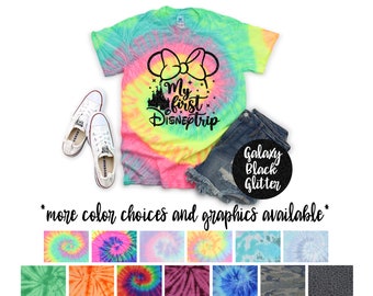 My First Trip Minnie Vacation Minty Tie Dye Shirt Galaxy Bright Black Glitter Vinyl Toddler Youth Adult Pastel Neon Tie Dye Rainbow Shirt