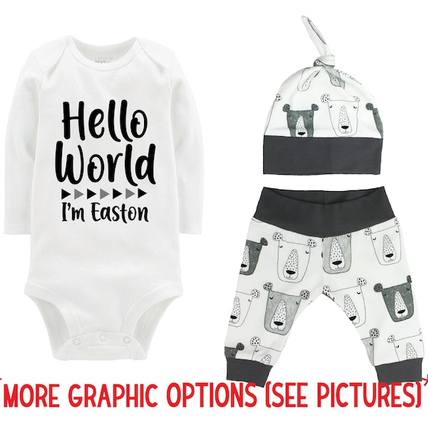 Boy Hello World Personalized Baby Outfit Bodysuit Infant Gift Set Gray Gray Bears Boy Going Coming Home Set Baby Shower Gift Newborn