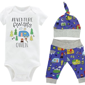 Adventure Awaits Personalized Boy Going Home Set Bodysuit Infant Gift Set Camping Boy Coming Home Outfit Camper Baby Shower Gift