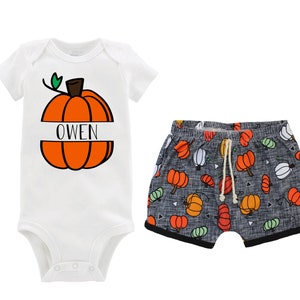 Boy Fall Pumpkin Patch Outfit Personalized Monogram Raglan Pumpkin Shorts Black Gray Orange Black Unisex T-Shirt Pumpkin Outfit Halloween
