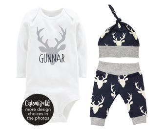 Personalized Boy Going Coming Home Set Deer Navy Gray Bodysuit Infant Gift Set Monogram Boy Coming Home Outfit Buck Deer Grey and Navy Gift