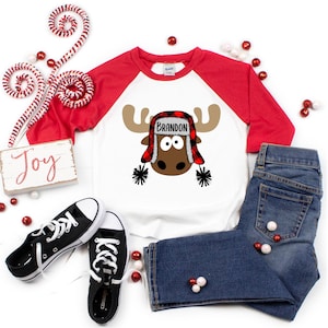 Boy Christmas Moose Personalized Raglan Buffalo Plaid Moose with Name Crazy Moose Boy Christmas Shirt Holiday Shirt Winter Shirt Funny