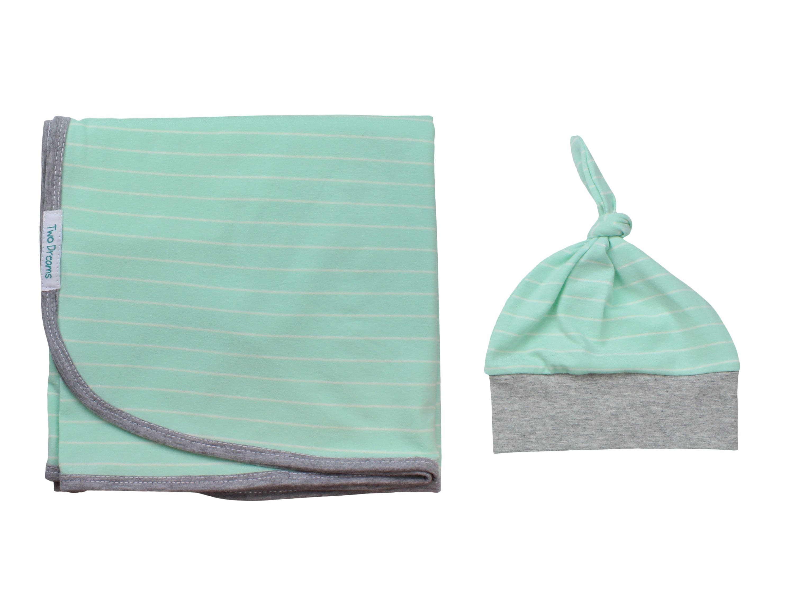 Boy Newborn Swaddle Set Mint Grey Striped Blanket Mint and Gray Top