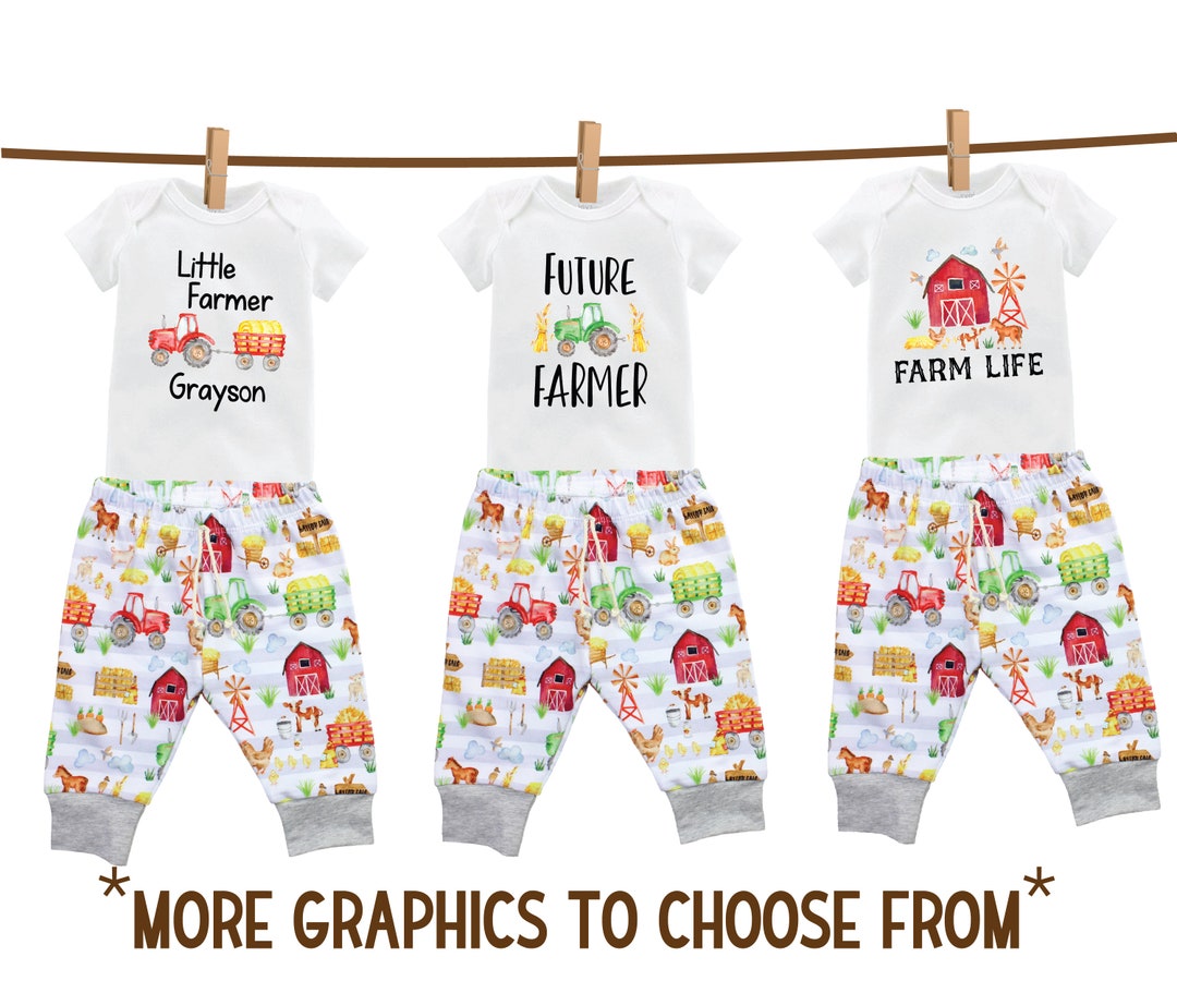 Farm Boy Outfit Tractor Farming Bodysuit Pants Hat Blanket Barn Baby