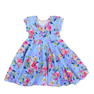 Blue Summer Twirly Dress Watercolor Floral Spring Easter Dress Toddler Dress Girl Dress Blue Pink Yellow Twirl Dress Short Sleeve Knit Dress image 1