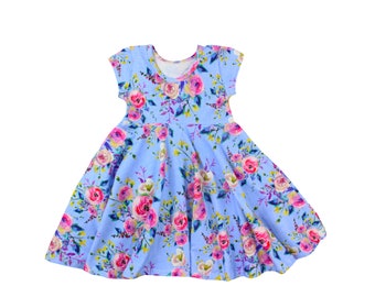 Blue Summer Twirly Dress Watercolor Floral Spring Easter Dress Toddler Dress Girl Dress Blue Pink Yellow Twirl Dress Short Sleeve Knit Dress