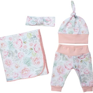 Watercolor Floral Newborn Swaddle Set Swaddle Blanket Roses Hydrangea Mint Pink Knot Hat Knot Headband Spoonflower Pom Pom Jersey Swaddle