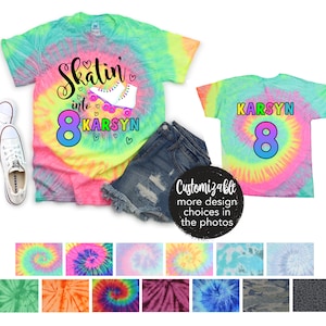 May include: Tie-dye t-shirts with the text "Skatin' into 8 Karsyn" and "Karsyn 8" in a colorful design. The shirts are paired with denim shorts and white sneakers. Additional tie-dye patterns are displayed below.
