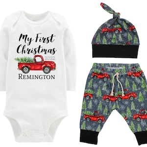 Boy First Christmas Outfit Personalized Baby Vintage Red Truck Knot Hat Knit Jogger Pants Newborn Toddler Gray Red Black Winter Baby's First