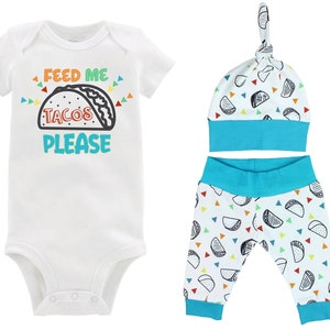Boy Taco Outfit Feed Me Tacos Please Baby Bodysuit Taco Fiesta Nachos Top Knot Hat Shirt Boy Taco Tuesday Party Unisex Pants Knot Hat