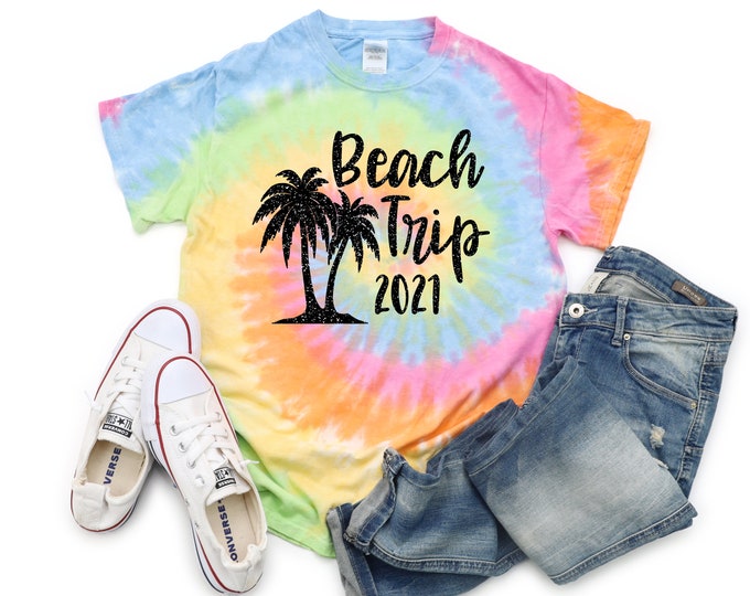 Beach Trip Tie Dye Shirt Summer Vacation Beach Girl Shirt Black Galaxy Glitter Vinyl Neon Pastel Toddler Adult Sizes Beach Tie Dye