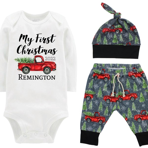 Boy First Christmas Outfit Personalized Baby Vintage Red Truck Knot Hat Knit Jogger Pants Newborn Toddler Gray Red Black Winter Baby's First