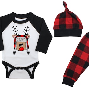 Renne de Noël à carreaux pour garçon tenue raglan personnalisée Body de Noël pour garçon amusant pantalon en flanelle de buffle d'hiver garçon rouge noir à carreaux de buffle