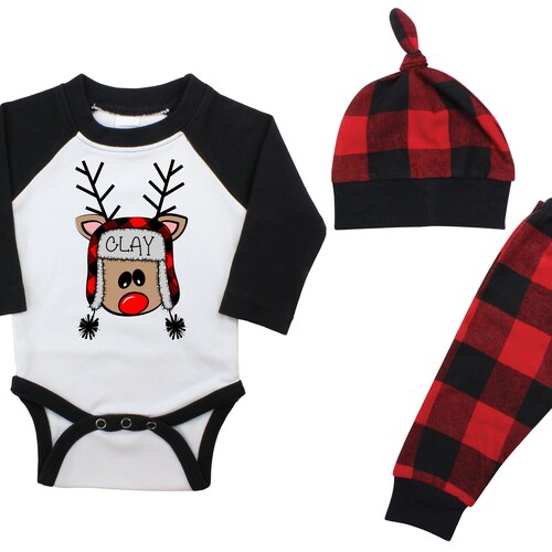 Boy Plaid Christmas Reindeer Personalized Raglan Outfit Fun Boy Christmas Bodysuit Buffalo Flannel Pants Winter Boy Red Black Buffalo Plaid