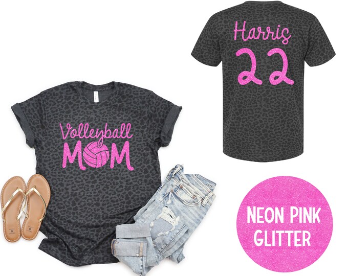 Volleyball Mom Gray Leopard Shirt Pink Glitter Vinyl Mom Vball Shirt Women's Leopard Volleyball Inspirational Tee Personalized Number Shirt
