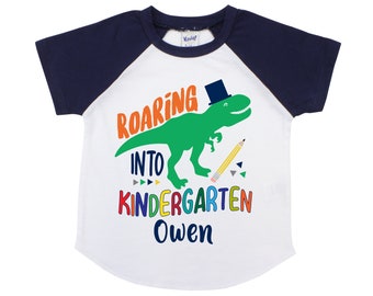 Roaring Into Kindergarten Personalized Boy Back to School Shirt T-Rex Dinosaur Back to School Shirt Pencil Shirt Name Shirt Raglan Boyish