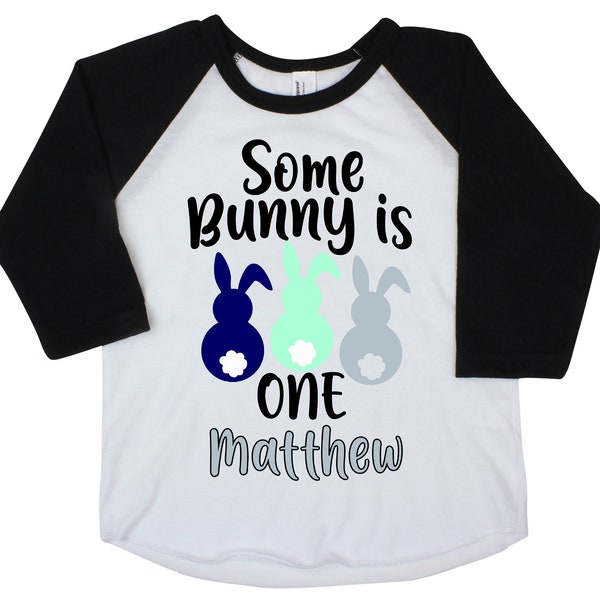 Some Bunny is One Boy Shirt Raglan Personalized Bunnies Boy Birthday Shirt Gray Blue Mint Baby Monogram Name Shirt Peeps Rabbits