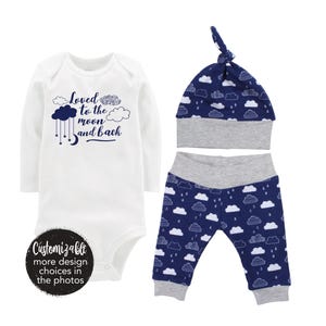 Boy Loved to the Moon and Back Going Home Outfit Bodysuit Infant Gift Set Blue Clouds Boy Coming Home Set Baby Shower Gift Newborn