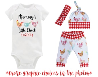 Mommy's Little Chick Baby Girl Outfit Chicken Baby Outfit Going Home Personalized Yoga Leggings Knot Hat Headband MaMa's MiMi's Nana's