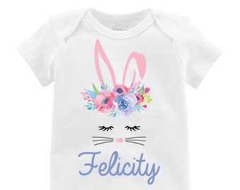 Girl Bunny Face Easter Onesie Personalized Easter Shirt Onesie floral Raglan Flutter Sleeve Girl Shirt Monogram Shirt Easter Bunny Flowers