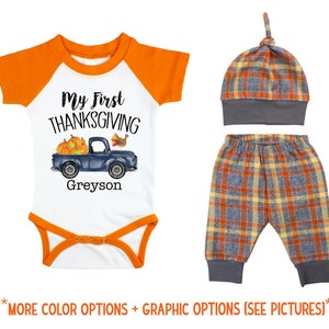 My First Thanksgiving Truck Personalized Outfit Plaid Pants Knot Hat Pumpkins Old Truck Gray Orange Baby Raglan Handmade in the USA