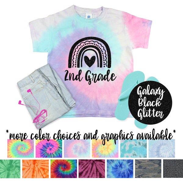 Camisa tie-dye pastel menta para meninas da 5ª série, volta às aulas, galáxia, brilhante, preta, glitter, vinil, branco, arco-íris, menina, primeiro dia de aula, camisa