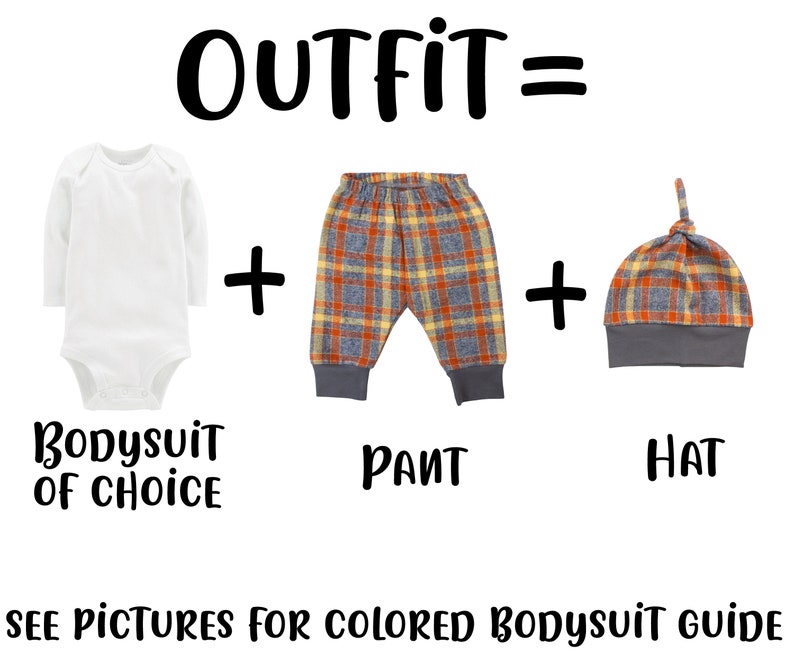 May include: A baby outfit set with a white long-sleeved bodysuit, plaid pants, and a plaid hat. The text "OUTFIT=" is above the outfit. The text "BODYSUIT OF CHOICE" is below the bodysuit. The text "PANT" is below the pants. The text "HAT" is below the hat. The text "SEE PICTURES FOR COLORED BODYSUIT GUIDE" is at the bottom of the image.