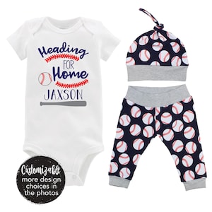 Boy Baseball Heading for Home Outfit Personalized Baby Going Coming Home Outfit Yoga Pants Navy Blue Gray Baseball Boy Knot Hat Baby Gift