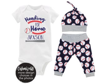 Boy Baseball Heading for Home Outfit Personalized Baby Going Coming Home Outfit Yoga Pants Navy Blue Gray Baseball Boy Knot Hat Baby Gift