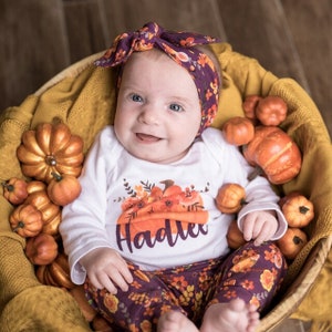 Chica otoño calabaza traje personalizado malva acuarela floral yoga leggings diadema bebé otoño traje floral calabaza naranja nombre ciruela