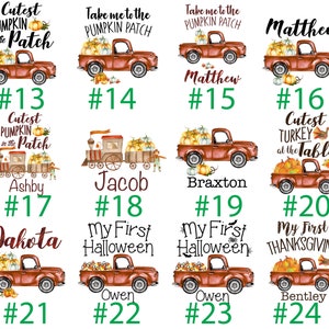 May include: A set of 24 Thanksgiving and Halloween themed designs featuring a red truck with pumpkins, a train, and a turkey. The designs include names like Matthew, Ashby, Jacob, Braxton, Dakota, Owen, and Bentley. The designs are numbered 13 through 24.