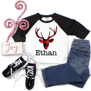 Plaid Deer Shirt Personalized Boy Shirt Red Black Buffalo Plaid Deer Boy Baby Shirt Boy Baby Boy Bodysuit Boy Raglan Shirt Red Plaid Shirt