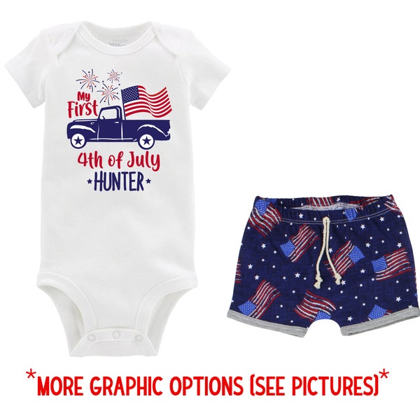 Boy My First Fourth of July Outfit Personalized Outfit Baby Onesie Summer 4th of July Shirt Bodysuit Onesie Boy Blue Truck Unisex Shorts