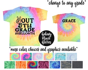 Peace Out 5th Grade Hello 6th Tie Dye Shirt zwart glitter vinyl schoolshirt einde schooljaar T-shirt School Grade Shirt Peace Out School Tee