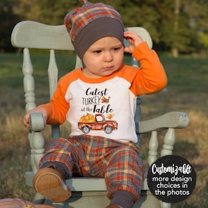 Cutest Turkey at the Table Outfit First Thanksgiving Boy Baby Raglan Orange Flannel Plaid Pants Knot Hat Halloween HANDMADE in the USA
