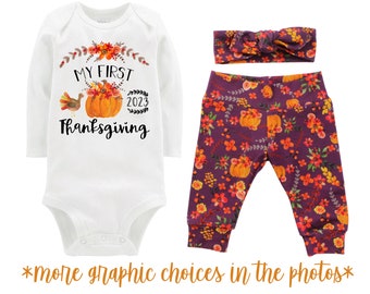 First Thanksgiving Girl 2023 Fall Pumpkin Outfit Mauve Watercolor Floral Turkey Yoga Leggings Headband Infant Outfit Pumpkin Orange