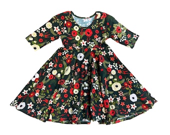 Christmas Floral Twirly Dress Handmade Cotton Knit Custom Fabric Dress for Toddlers Girl Children Vintage Christmas Green Red Holly Berries