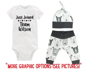 Boy Just Joined Team Last Name Personalized Outfit Animal Gray Bears Organic Infant Gift Going Coming Home Baby Shower Black Gray