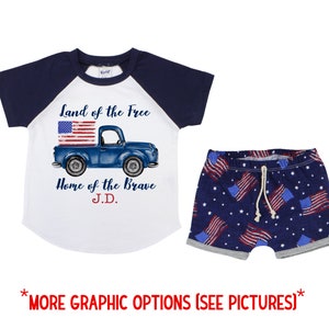 Boy Fourth of July Raglan Shirt Personalized Outfit 4th of July Flag Shirt Red White Blue Truck Baby Toddler Shirt Boy Navy Unisex T-Shirt