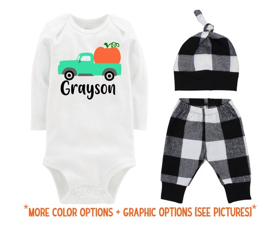 Boy Pumpkin Patch Outfit Personalized White and Black Buffalo Plaid Pants Fall Baby Outfit Old Vintage Pumpkin Truck HANDMADE in the USA