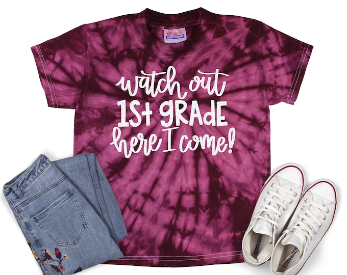 Watch Out 1st Grade Girl Back To School Pastel Neon Tie Dye Shirt Galaxy Bright Black Glitter Vinyl Rainbow Girl First Day of School